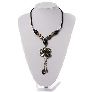   Black Shell Composite Floral Tassel Leather Cord Necklace Jewelry