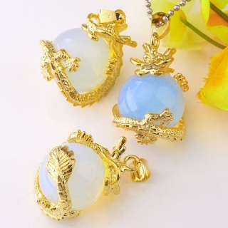 Opal Opalite Gemstone Golden Dragon Inlaid Bead Pendant  