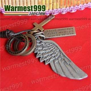 Genuine Real Mens Leather Necklace Angel Wing Cross Tag Pendant Choker 