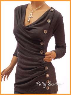 Cowl Neck Button Embellished Ruched Blouse Top  