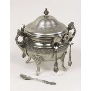 Silver Antique Pewter Sugar Bowl with Lid and Matching Serving Spoons 