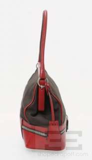 Prada Brown Canvas And Red Leather Framed Handbag  