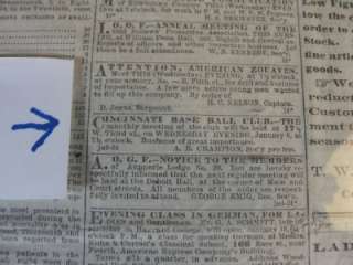 1869 Newspaper Cincinatti Red Stockings Baseball Club  