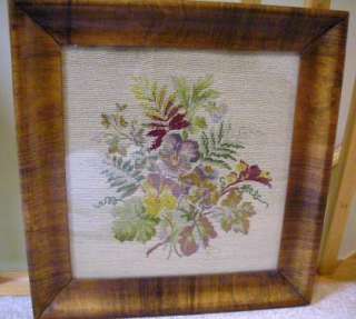 Antique Tiger Maple Frame w/ Floral Needlepoint Picture  