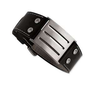    Adjustable Stainless Steel Black Leather Cuff Bracelet: Jewelry