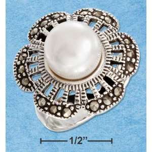   STERLING SILVER MARCASITE AND FRESH WATER PEARL FLOWER RING: Jewelry