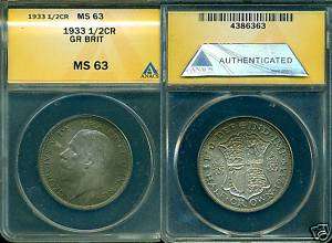 ANACS 1933 1/2 CROWN GREAT BRITTIAN MS63 ESTATE FIND  