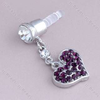 1P Dark Purple Crystal Heart Dangle Anti Dust Plug Stopper For iPhone 
