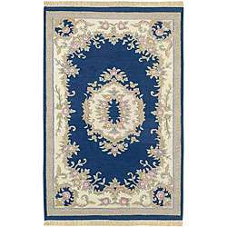 Hand knotted Navy/ Ivory Wool Rug (3 x 5 Oval)  