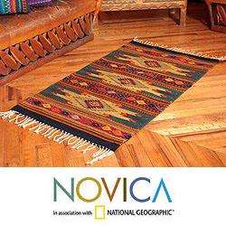 Mexican Zapotec Candles Green Wool Rug (2.5x5)  Overstock