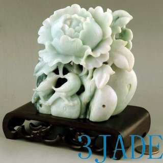 Natural Jadeite Jade Carving / Sculpture Birds & Flower Statue  
