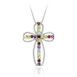   Rocks Sterling Silver Multi gemstone Cross Necklace  Overstock
