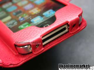 Red Leather Skin Case Cover Pouch Book+Strap for Apple iPhone 4 4S 
