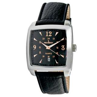 Peugeot Mens Silvertone Black Leather Strap Watch  