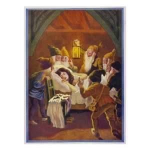 Snow White Sleeps Peacefully, Surrounded by Seven Dwarfs Crowded 