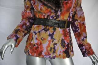 ETRO Floral RABBIT FUR COAT+Oversized MARMOT FUR COLLAR Belted Jacket 