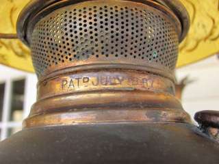   LAMP COPPER CHANDELIER 3 BURNER PAT. 1897 AMBER GLASS SHADES PINEAPPLE