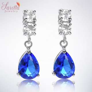 Fashion Jewelry Lady Pear Cut Blue Sapphire White Gold GP Drop Stud 