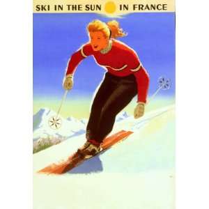 GIRL SKI IN THE SUN IN FRANCE WINTER SPORT TRAVEL SMALL VINTAGE POSTER 
