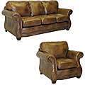   Distressed Whiskey Italian Leather Sofa and Chair  