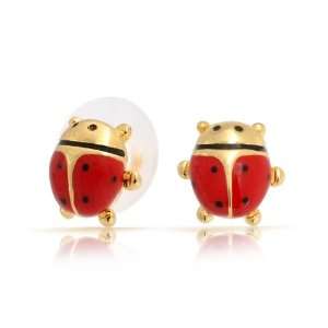   Adorable Petite Insect Bug Gold Plated Red Black Ladybug Stud Earrings