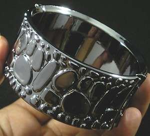 Gunmetal Silver Black Resin Hinged Bangle Bracelet  