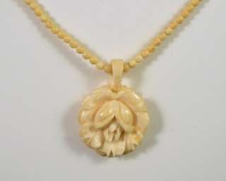 Vintage Faux Ivory Rose Pendant Necklace 24L Gorgeous!  