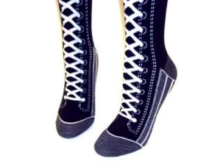 Black n Grey Knee High Sneaker Boot Lace Socks Novelty  