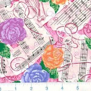 Wide Music From The Heart Floral Sheet Music Pink Fabric By The Yard 