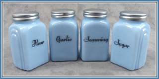 DELPHITE BLUE GLASS 4 PC ARCH SPICE JAR SHAKER SET Flour Garlic 