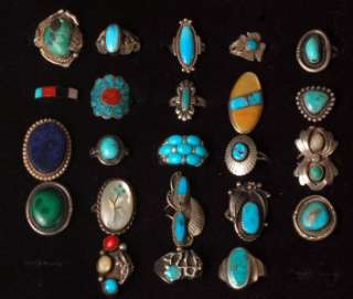   STERLING SILVER LOT OF 23 NATIVE AMERICAN RINGS TURQUOISE SIGNED
