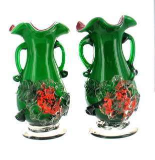 VINTAGE 50s CZECH CASED GLASS GREEN RED ORANGE VASE PR  