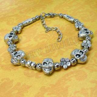 Tibetan silver Engraved Skull Heads Bracelet  