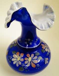 FENTON ART GLASS HP COBALT BLUE OVERLAY VASE w /FLORAL DECOR (FLOWERS 