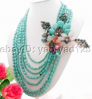 Wonderful 7Strds Turquoise&Agate&Flower Necklace 925 Sliver Clasp