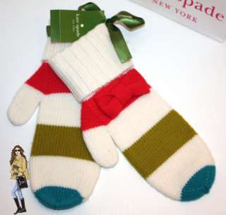 NWT Kate Spade Hudson Street Multi Color Striped Mittens With Adorable 