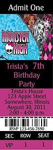 12 Monster High Ticket Style Birthday Invitations..2 Styles To 