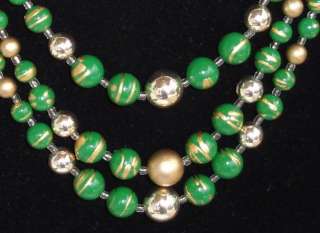 Vintage 1960s Multi Strand Green Gold Bead Necklace Estate Jewelry 