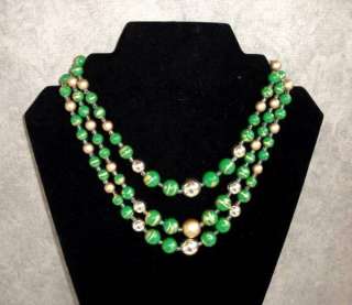 Vintage 1960s Multi Strand Green Gold Bead Necklace Estate Jewelry 
