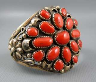 Navajo Old Pawn Coin Silver Repousse Flower Coral Cluster Bracelet 60 