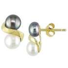 6mm Freshwater Black and White Button Cultured Pearl Earrings in 