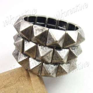 4CM W Pyramid Studs Stretch Bracelet Chunky Bangle Cuff Adjustable 