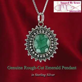 Genuine Rough Cut Emerald Pendant in Sterling Silver  