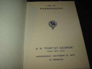 1927 Bermuda Line   SS FORT ST. GEORGE   Pasenger List  
