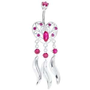   Silver Ruby CZ Filigree Heart Belly Button Ring Dangle: Jewelry