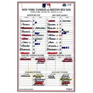 Yankees at Red Sox 8 22 2009 Game Used Lineup Card  Sports 