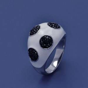  Sterling Silver Black CZ Dots White Enamel Ring Size 6 