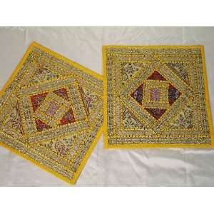  2 Yellow Zardozi Decorative Indian Sari Pillows Cushion 