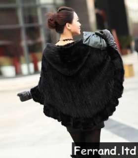 Chic Real Genuine Knit/Knitted Mink Fur Cape/Cloak/Poncho with Capuche 
