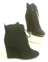 Billig Stiefel Schuhe   Schnür Boots Stiefeletten Keilabsatz schwarz